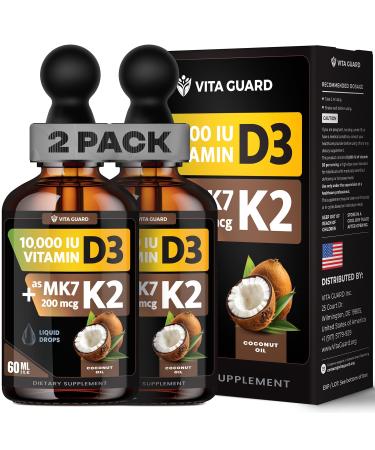 Vita Guard (2 Pack) Vitamin D3 K2 Liquid Drops 10 000 IU + 200 mcg MK-7 High Absorption Sugar-Free Non-GMO Bone & Immune Booster Vegan Supplement with Coconut Oil 60 ml (2 oz)
