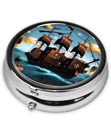 Cartoon Pirate Ship Round Pill Box - 3 Compartment Portable Organizer for Travel | Black - Buy Online on GoSupps.com
