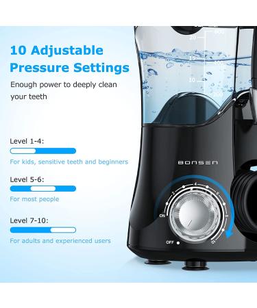 BONSEN Water Flosser 600ML Dental Oral Irrigator - 7 Jet Tips, 10 Pressure Levels - for Braces, Bridges, Gum Care - Professional Family Water Floss - Black - Buy Online on GoSupps.com