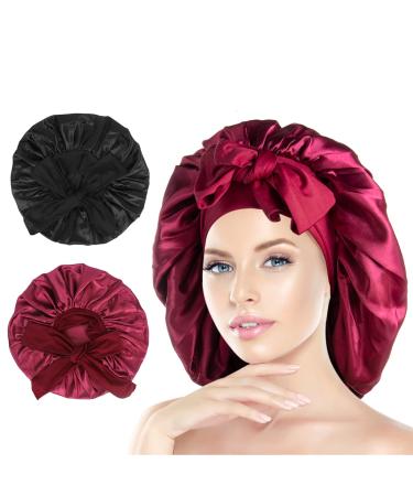 Arqumi Silk Bonnet 2PCS Large Silk Hair Wrap for Sleeping Adjustable Satin Bonnet Hair Bonnet Sleep Cap with Elastic Stay On Head for Long Curly Thick Black Hair for Women Hair Care Black&Wine Red A (2PCS) Black & Wine Red