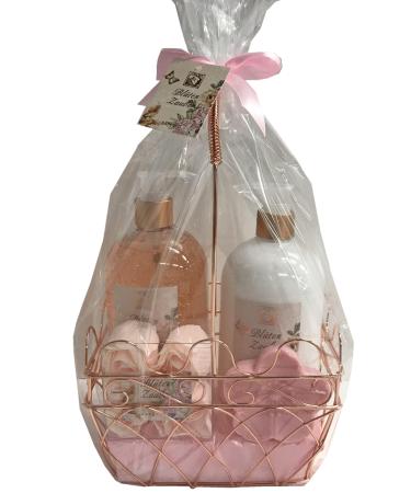 Accentra bathing set of flower magic in wire basket including 500ml shower gel 500ml body lotion 80g soap 4 x 4g bathing stonewetti fragrance: Maracuja & grapefruit - pink/beige