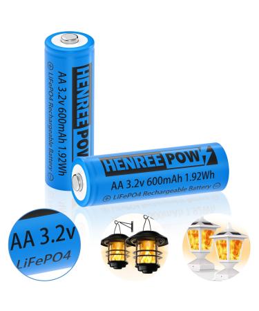 Henreepow 3.2v AA 600mAh LiFePo4 Rechargeable Battery Double A LiFePo4 Battery Low Self-Discharge 3.2v Rechargeable Batteries for Solar Lights Wall Lantern Solar Post Lights(AA-3.2v-2pack) AA 3.2v 2pack