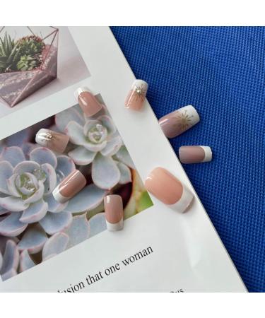 SINLOV Medium French Snowflake False Nails Nude Fake Nails Glossy Press on Nails Ballerina Acrylic Full Cover Fake Nails for Women and Girls - Buy Online on GoSupps.com