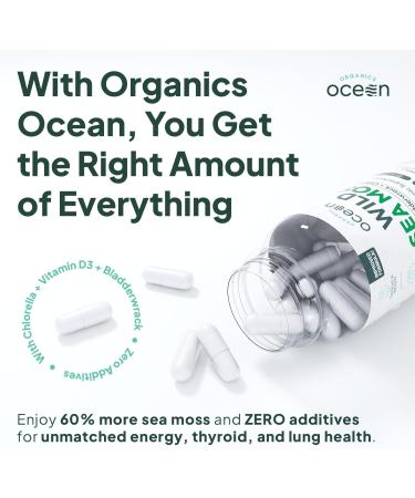 Organics Ocean Wild Sea Moss Capsules - 100% Organic Irish Sea Moss with Organic Chlorella Bladderwrack and Vitamin D for Energy Lung Health and Thyroid Support for Women and Men - 60 Capsules 60 Count (Pack of 1) - Buy Online on GoSupps.com