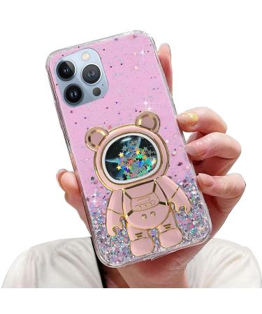 Tivenfezk Nadoli for iPhone 15 Pro Treibsand B r astronaut Hidden Stand Shell caricature glitter astronaut stand soft silicone bling mobile phone shell transparent protective cover iphone 15 per pink