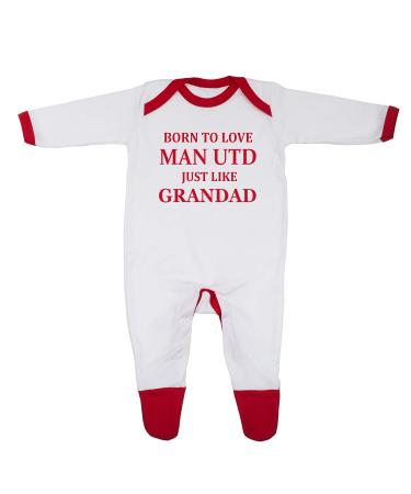 'Born To Love Man Utd Just Like Grandad' Baby Boy Girl Sleepsuit Designed and Printed in the UK Using 100% Fine Combed Cotton 6-9 Months White/Red Trim