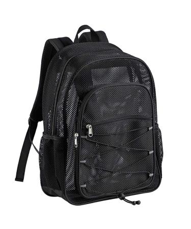 Heavy Duty Mesh Backpack, See Through College Student Backpack, Semi-transparent Mesh Bookbag with Bungee and Comfort Padded Straps for Commuting, Swimming, Beach, Outdoor Sports Black