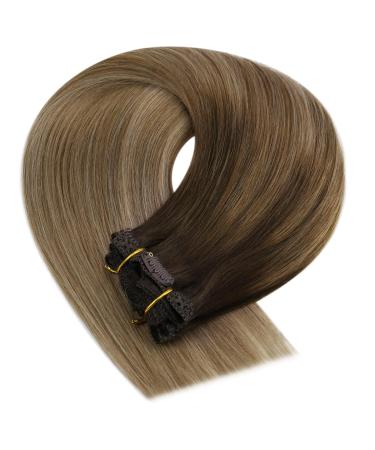 Youngsee Clip-In Real Hair Extensions - 35cm Balayage Dark Brown with Blonde Highlights - 120g #4/10/16 - Premium Quality Hair Recovery - Buy Online on GoSupps.com