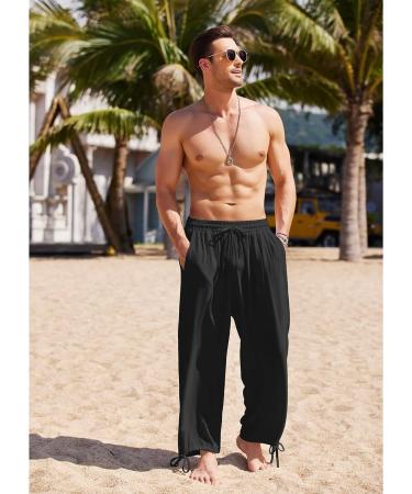 COOFANDY Men's Cotton Linen Harem Pants | Drawstring Elastic Waist | Lightweight Casual Trousers | Black (Large) - Buy Online on GoSupps.com