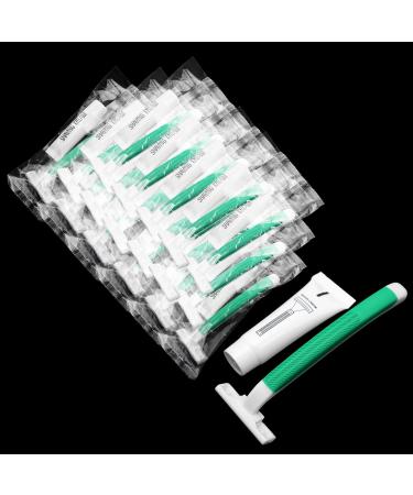 Disposable Razors in Bulk Green Razors Individually Wrapped Bulk Twin Blade Razors with Clear Safety Cap and Shaving Cream Razors For Homeless Hotel Air Bnb Shelter/Homeless/Travel (50)