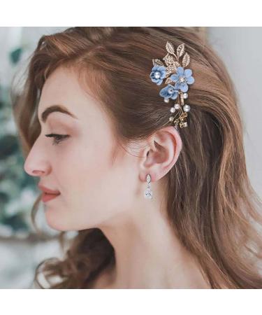Dervivea Bridal Leaf Flower Hair Comb Pearl Wedding Hair Combs Blue Flower Side Comb Rhinestone Crystal Headpiece Decorative Hair Accessories For Women And Girls Headdress (Blue flower) - Buy Online on GoSupps.com