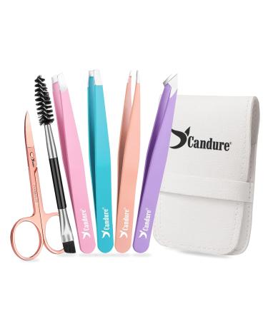 Candure Tweezers for Eyebrows Professional Slanted and Pointed Stainless Steel Tweezer Set Eyebrow Brush and Scissors for Ingrown Hair Facial Hair Eyelash Extension & Splinter 6Pcs Multicolor-6pc