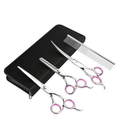 GEMEK Pet Cat Dog Grooming Scissors Set 4 Pieces Stainless Steel Professional Pet Trimmer Kit - 7.5 inch Straight Cutting Scissors, Thinning Shears, Curved Scissors, Grooming Combs 4 Scissors Set