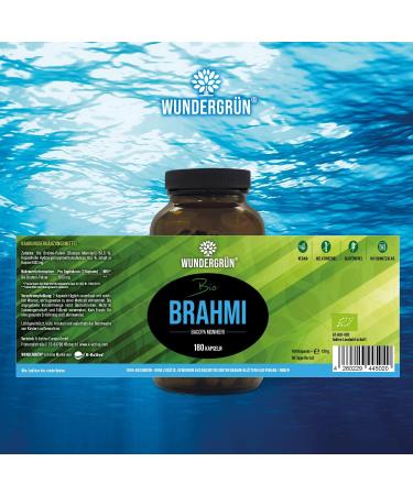 Wundergr n Organic Brahmi Capsules - 180 Vegan Bacopa Monnieri Capsules | 600mg Each 1200mg Daily Dose | Organic Certified Herbal Supplement - Buy Online on GoSupps.com