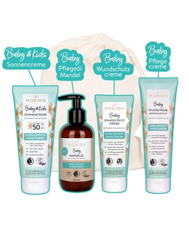Mabyen Baby Care All-Around Set | Organic Natural Cosmetics - 4 Products + Fabric Bag - Baby Gift Set with Almond Oil Care Cream Wound Cream & Sunscreen - International Shipping Available - Buy Online on GoSupps.com