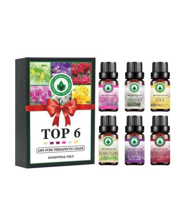 Flowers essential oils set aromatherapy oil Top 6 100% pure bio -naturala therapeutic premium grade essential oils - gift set 6/10ml bottles - violet lily neroli tulip bergamot ylangylang violet lilie neroli tulip bergamot ylang 10 ml(6 -pack)