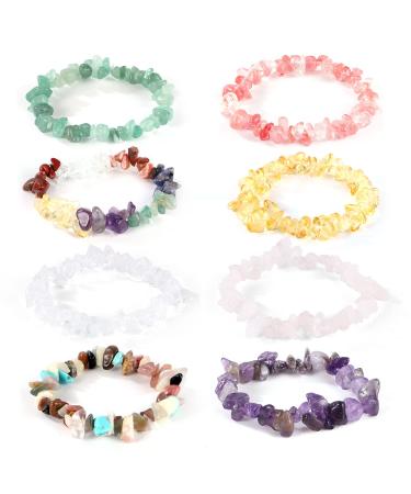 Yafe Chakra Bracelets for Women 8pcs Natural Colorful Crystal Bracelets for 7 Chakra Lrregular Gemstone Bracelets Crystal Chip Bracelet for Women Men 6.3-7.5 inches