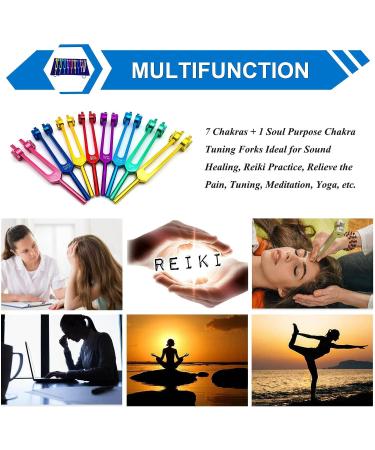 Chakra Tuning Forks Set for Healing - 7 Chakra+1 Soul Purpose Weighted Forks - Aluminum Alloy - Multicolour - Includes Rubber Mallet and Velvet Storage Bag - 126.22 Hz to 172.06 Hz Frequencies - Buy Online on GoSupps.com