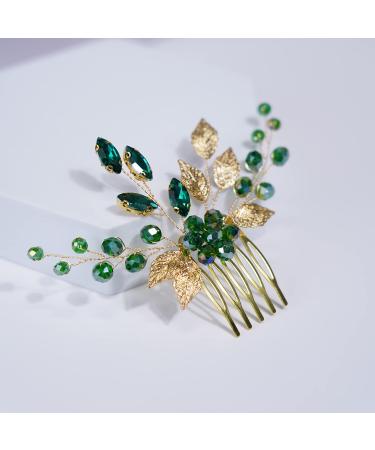 Teyglen Bridal Wedding Gold Hair Combs Green Flower Rhinestones Crystal Side Hair Comb Vintage Leaf Crystal Bride Hair Accessories for Women Girls