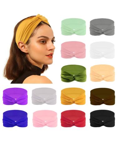 Oaoleer 14 Pack Wide Headbands for Women Elastic No Slip Knotted Hair Bands Yoga Hair Wrap 14 Solid Colors Knotted