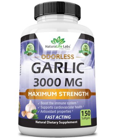 Odorless Pure Garlic 3000 mg per Serving Maximum Strength 150 Soft gels Promotes Healthy Cholesterol Levels Immune System Support