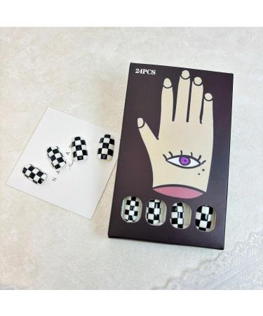Short Square Press On Nails - Black White Checkerboard Design Reusable Full Cover Stick On Nails Kit for Women - Buy Online on GoSupps.com
