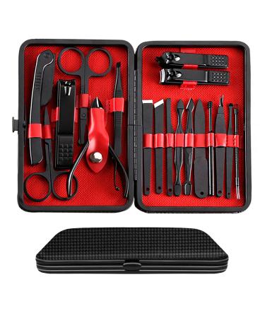 Manicure Set, 18 Pieces Stainless Steel Nail Clippers Set Pedicure Kit Professional Nail Scissors Grooming Kits, Nail Care Tools with Portable Leather Travel Case Black