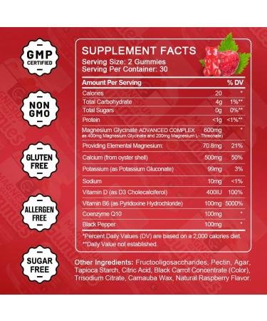 Magnesium Glycinate & L-Threonate Gummies - 400mg & 200mg - Potassium Complex with VitD, B6, CoQ10 - Memory, Calm Mood & Sleep Support - 120 Raspberry Gummies - Buy Online on GoSupps.com