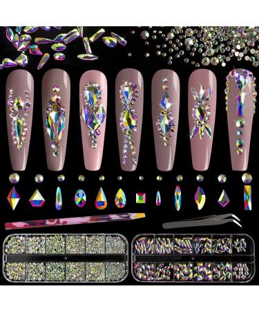 Multi Shapes 3D Glass AB Crystal Nail Art Rhinestones Kit with Flatback Round Bead Charm Gem Stone Jewelry Diamond with Pickup Pen + Tweezer for Manicure Craft Decoration by BELLEBOOST (Iridescent) 01-Round and Multi-Shape