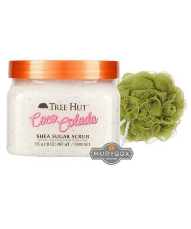 TreeHut Body Scrub Shea Sugar Exfoliator Coco Colada 18 oz Exfoliating Body Scrubber Sugar Scrub Body Scrub Body Scrubber + Mesh Bath and Shower Sponge for a Exfoliating Body Scrub + MB Sticker.