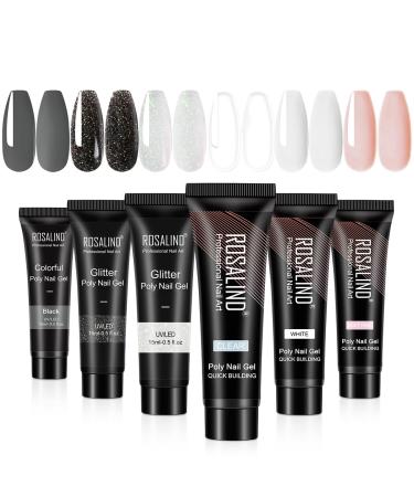 Rosalind nail extension gel pink white acrylic poly nails gel 6 * 15ml transparent black glitter nail build -up gel poly nail extension gel nail design gel nails for starter diy salon set1 - Buy Online on GoSupps.com