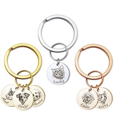 Anavia Personalized Pet Portrait Keychain, Customized Pet Photo Handmade Engraved Cat Dog Memorial Keepsake Sympathy Gifts Silver - 1 Disc