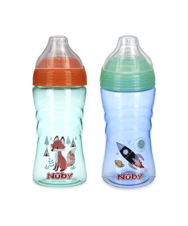 Nuby Flip-it Kids On-The-Go Printed Water Bottle with Bite Proof Hard Straw  - 12oz / 360 ml, 18+ Months, 2 pk Prints May Vary 