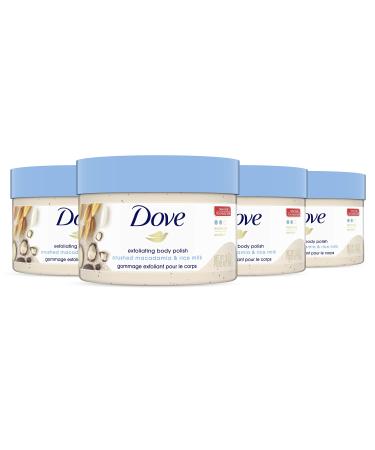 Dove Exfoliating Body Polish Scrub Reveals Visibly Smoother Skin Macadamia & Rice Milk Body Scrub That Nourishes Skin, 10.5 oz, 4 Count