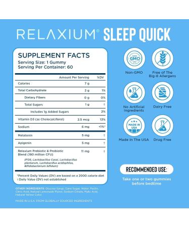 Relaxium SleepQuick Gummies - Sleep Aid + Gut Health & Immune Support, 5 mg Melatonin, Vitamin D-3 + Prebiotic & Probiotic Blend, Gluten & Drug Free, Lemon Flavor, 60 Gummies - Buy Online on GoSupps.com