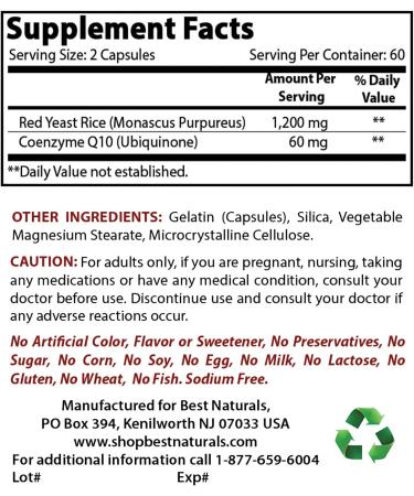 Best Naturals Red Yeast Rice with CoQ10  120 Capsules - Cardiovascular Formula Contains 600 mg of Red Yeast Rice ans 30 mg of CoQ10 - Buy Online on GoSupps.com