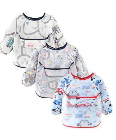 Discoball Baby Bibs with Sleeves Waterproof Feeding Bibs - 3 Pcs Unisex Baby Dribble Bibs Painting Apron Bibs Adjustable Closure with Large Pocket for Infant Toddler 6 Months to 3 Years Old White+Red
