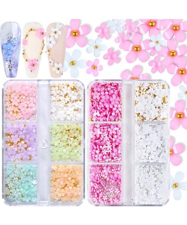 3D Flower Nail Charms, 2 Boxes 3D Acrylic Flower Nail Art Rhinestones White Pink Mixed Cherry Blossom Spring Acrylic Nail Supplies with Pearls Manicure DIY Nail Decorations Colour Change Pink Set