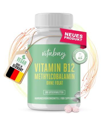 Vitabay vitamin B12 500 g lollipops without folate - 180 vegan tablets - vitamin B12 VEGAN METHYL COBALAMIN VITAMIN B12 high doses vitamin B 12 vitin tablets 180 pieces (1 Pack)