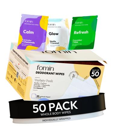 FOMIN Travel Deodorant Wipes - 50 Count - Variety Pack - pH Balanced Hypoallergenic Mini Deodorant Wipes For Women and Men - Plastic-Free Individually Wrapped Underarm & Body Wipes