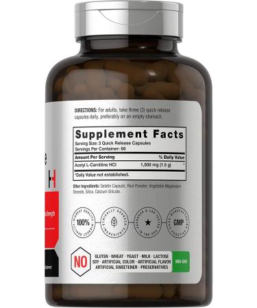 Acetyl L-Carnitine 1500mg 200 Capsules | Non-GMO & Gluten Free | Horbaach - Buy Online on GoSupps.com