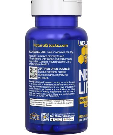 NeuroLife Longevity Supplement - 500mg Taurine & 400mg Berberine Supplement - Clinically Tested MitoPrime L-Ergothioneine - Brain Support for Cognitive Vitality - 60 Berberine Capsules 60 Count (Pack of 1) - Buy Online on GoSupps.com