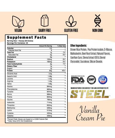 Steel Supplements Veg-PRO Vegan Protein Powder Vanilla Cream Pie 1.65lb | Organic BCAA Amino Acids | Gluten-Free Non-Dairy | Low Carb Formula | 25 Servings - Buy Online on GoSupps.com
