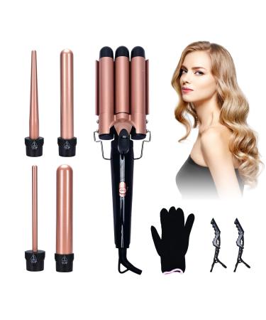 Curling Wand Set Wand Curling Iron Lychee 5 in 1 PRO Hair Curling Iron Tapered Hair Curler with Interchangeable Ceramic Barrels Instant Heating Adjustable Temperature Heat Protective Glove Hair Clip (Gold)