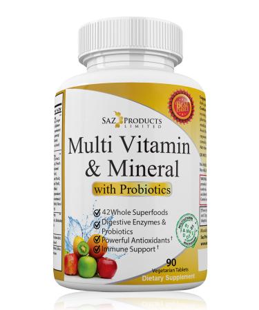 Saz Products Limited Whole Foods Multivitamin for Women & Men with Probiotics - Probiotic Vitamin & Mineral Supplement with Vitamin A B-Complex C D3 & Zinc - 90 Tablets 90 Count (Pack of 1)