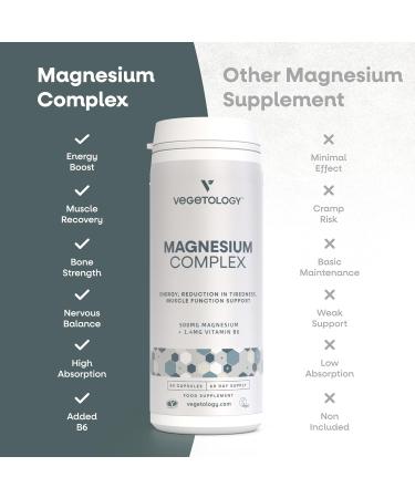 Vegetology Magnesium Supplements with Vitamin B6, 3-in-1 Complex, 60 Vegan Capsules, High Strength, Supports Energy, Muscle Function, and Overall Wellness, Age 11+ - Buy Online on GoSupps.com