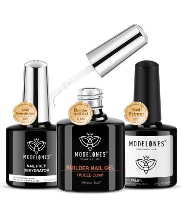modelones Builder Nail Gel with Nail Dehydrator and Primer 3Pcs Clear Gel Builder Acid Free Nail Prep Dehydrate & Bond Primer for Nail Thickening Apex Building Nail Extension LED Nail Lamp Cured A3-3 Pcs10ml Gel Builder with Nail Dehydrator and Primer