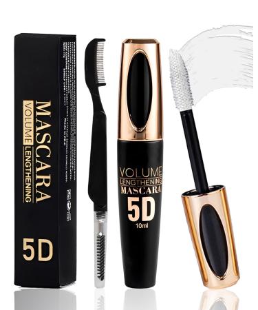 White Waterproof Mascara for Eyelashes 5D Silk Fiber Mascara with Folding Eyelash Comb Brush Liquid Colored Mascara Lash Extensions Volumizing and Thick Smudge-proof Long Lasting Party Stage Use