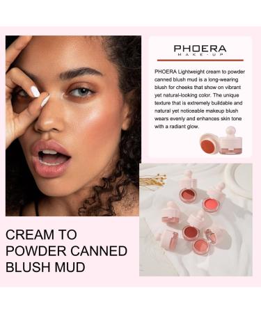 PHOERA Cream To Powder Canned Blush Mud Lightweight Longwear Cheek Blush with Puff & Mirror Matte & Shimmer Finish 6 Buildable Shades for Natural Radiant Glow 04 Saucy One Size - Buy Online on GoSupps.com