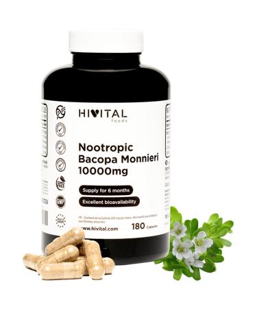 Nootropic Bacopa Monnieri 10000 mg 180 capsules for 6 months. Natural Nootropic that increases memory concentration energy and mental agility as well as performance. With caffeine